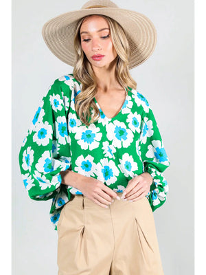 V-Neck Balloon Sleeve Floral Print