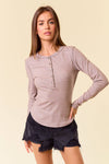 Striped Rib Exposed Seaming Long Sleeve Henley Top - 44702T