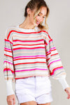 Crew Neck Balloon Sleeve Multi Striped Sweater Top