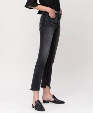 HIGH RISE UNBALANCED HEM CROP SLIM STRAIGHT JEANS