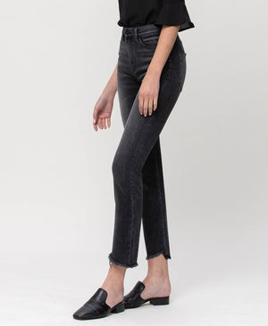 HIGH RISE UNBALANCED HEM CROP SLIM STRAIGHT JEANS