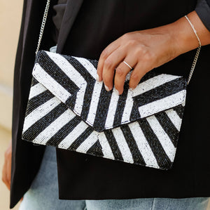 Black and White Seed Bead Purse, Beaded Purse