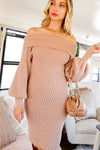 Off-The-Shoulder Rib Knit Sweater Knee Dress