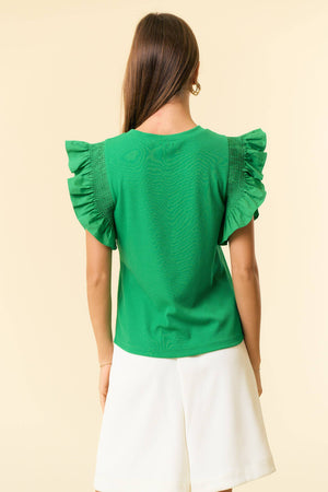 CrewNeck Popline Smocked Ruffle Cap Sleeve Top - 44298T: KELLY GREEN / S