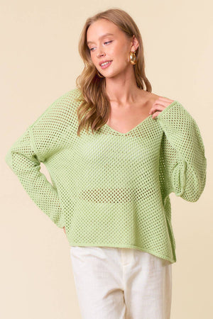 V-Neck Long Sleeve Fishnet Sweater Knit Top - 44344T