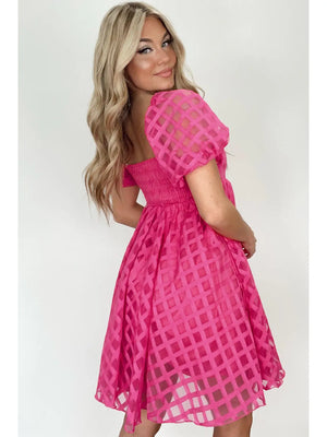 Strawberry Pink Checkered Puff Sleeve Babydoll Dress