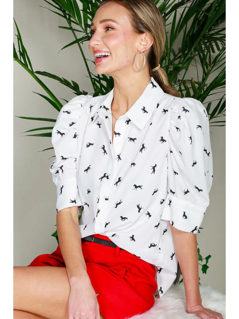 Collared Neck Puff Sleeve Horse Printed Blouse Top