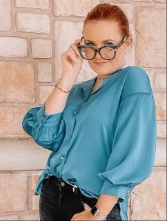 Teal blouse with three-quarter length sleeve