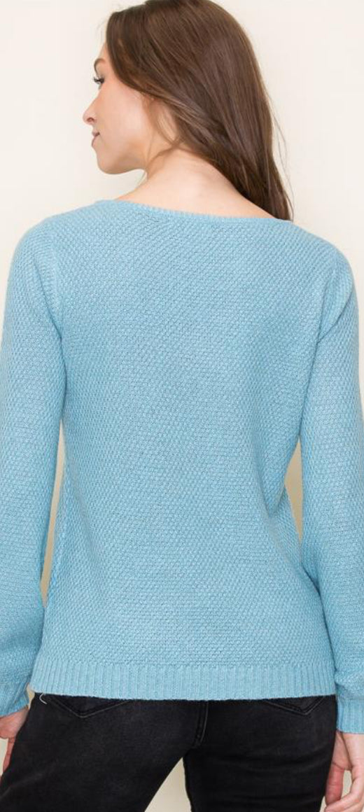 Light blue waffle texture boat neck balloon sleeved sweater