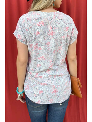 Paisley Printed Cut Edge Neck Detail Short Sleeve Knit Casual Top