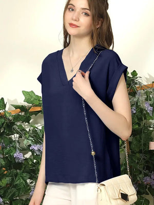 Navy rolled sleeves v-neck top