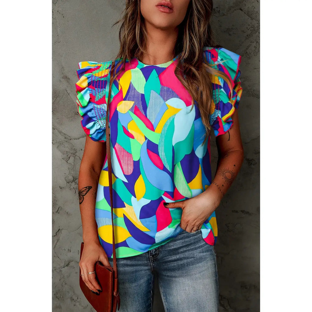 Multicolor Abstract Print Stitching Ruffle Sleeve Blouse