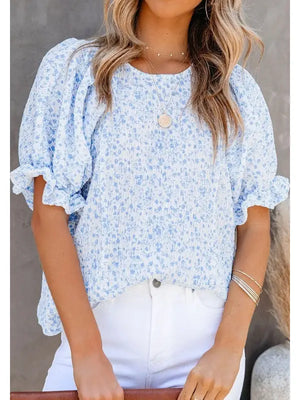Floral Smocked Bubble Sleeve Blouse