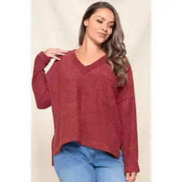 V-Neck Rolled-Up Cuff Long Sleeve Top w/ Pocket