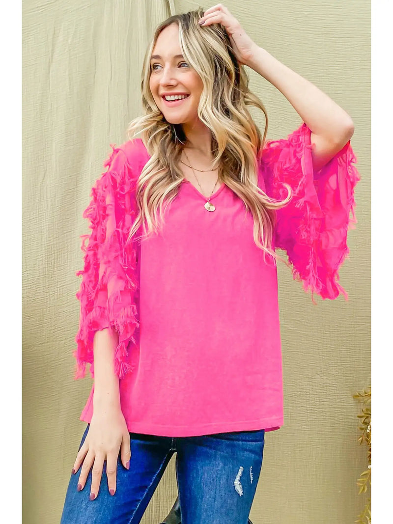 Hot pink, feathered sleeve shirt