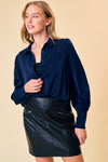 Textured, navy blue button up blouse