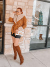 Camel corduroy faux fur jacket with belt