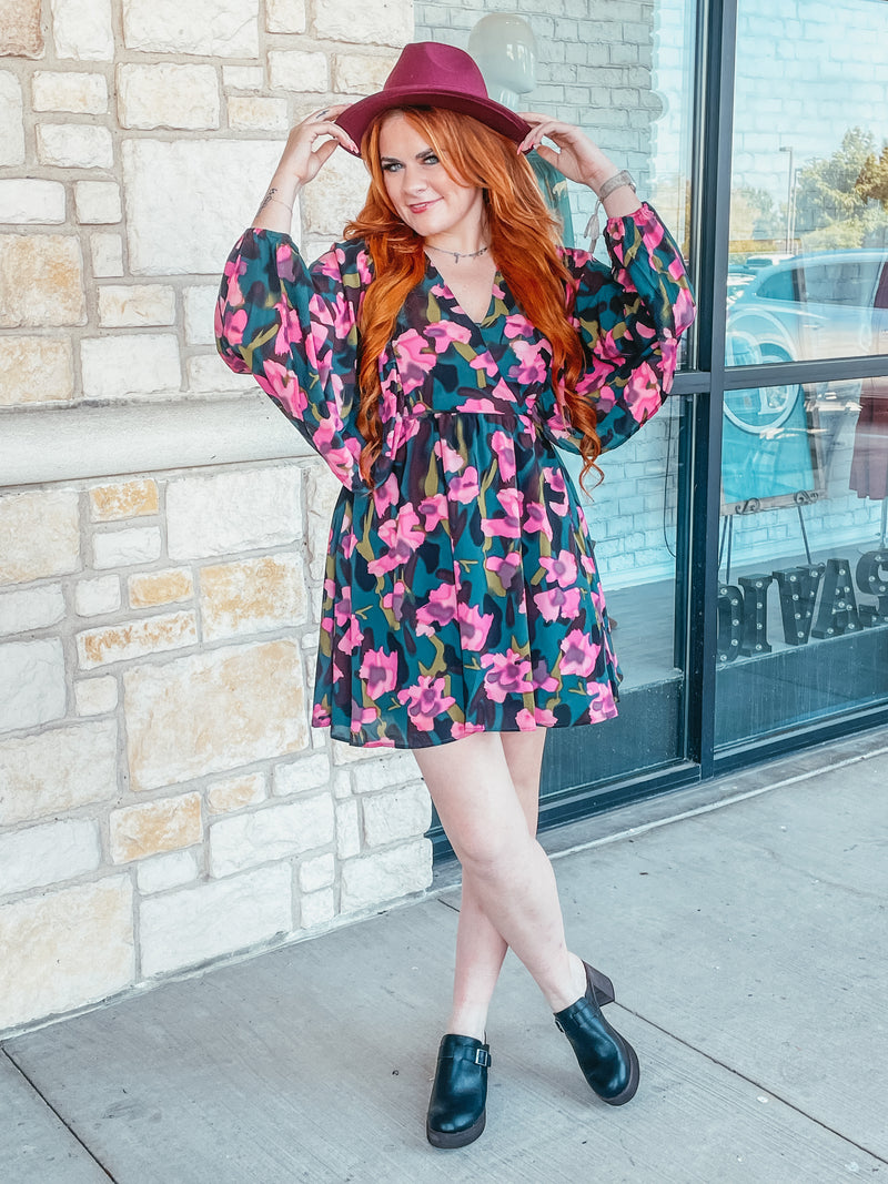 Floral, long sleeve dress with pink flowers