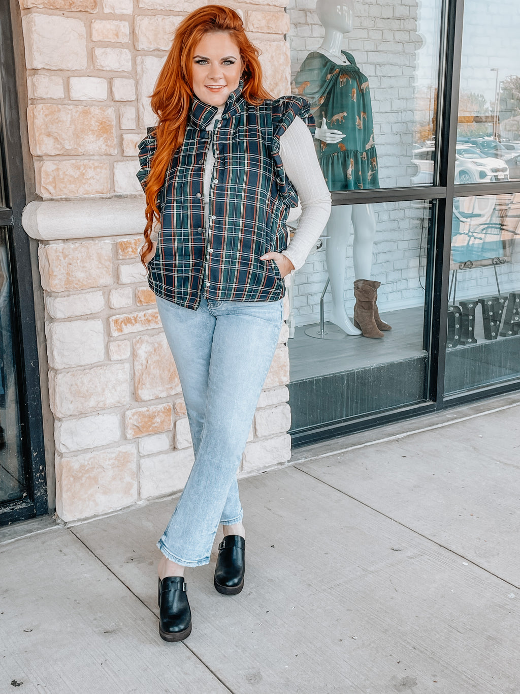 Blue plaid vest with ruffle sleeve