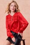 V NECK SMOCKED RUFFLE DETAILED LONG SLEEVE BLOUSE - 44073T