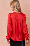 V NECK SMOCKED RUFFLE DETAILED LONG SLEEVE BLOUSE - 44073T