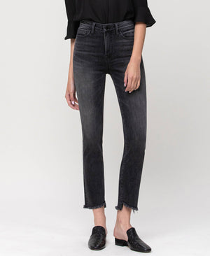 HIGH RISE UNBALANCED HEM CROP SLIM STRAIGHT JEANS