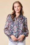 TIE-NECK LONG SLEEVE ABSTRACT PRIINTED BLOUSE - 43755T