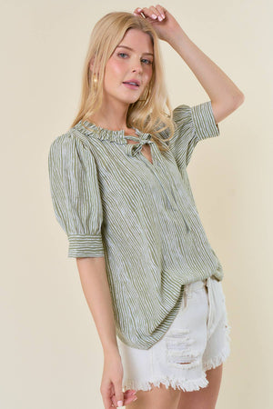 Stripe Adjustable self-tie Neck Half Sleeve Blouse - 44077T