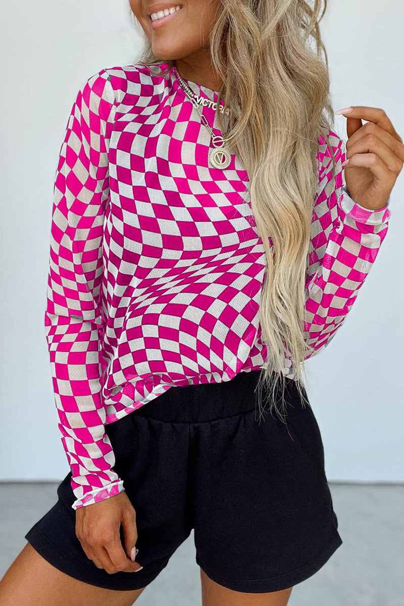 Checker Mesh Long Sleeve Top