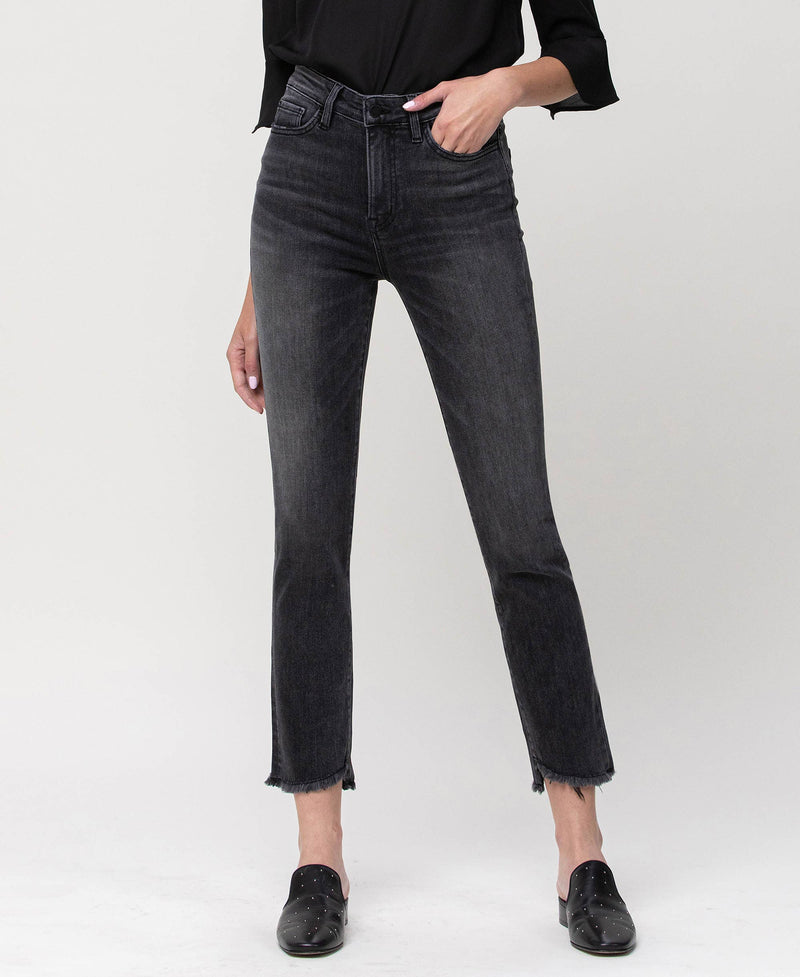 HIGH RISE UNBALANCED HEM CROP SLIM STRAIGHT JEANS