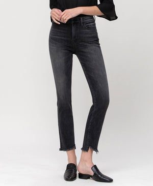 HIGH RISE UNBALANCED HEM CROP SLIM STRAIGHT JEANS