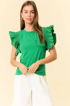 CrewNeck Popline Smocked Ruffle Cap Sleeve Top - 44298T: KELLY GREEN / S