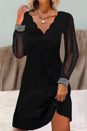 V-NECK LONG-SLEEVED MESH SEQUINED DRESS