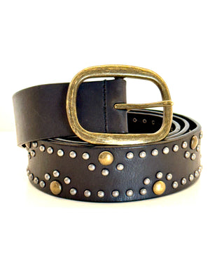 Black Leather Belt with Aged Brass and Silver Studs