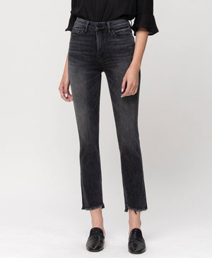 HIGH RISE UNBALANCED HEM CROP SLIM STRAIGHT JEANS