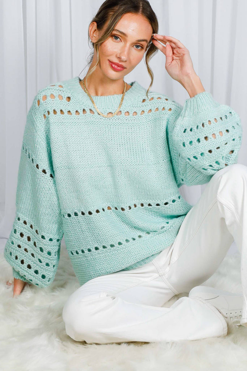 Round Neck Balloon Sleeve Open-Knit Crochet Sweater VT51703