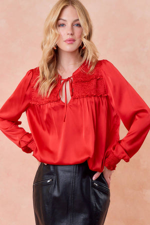 V NECK SMOCKED RUFFLE DETAILED LONG SLEEVE BLOUSE - 44073T