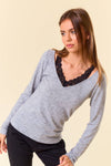 Lace Layered V-Neck Cut-out Long Sleeve Tee - 44672T-1