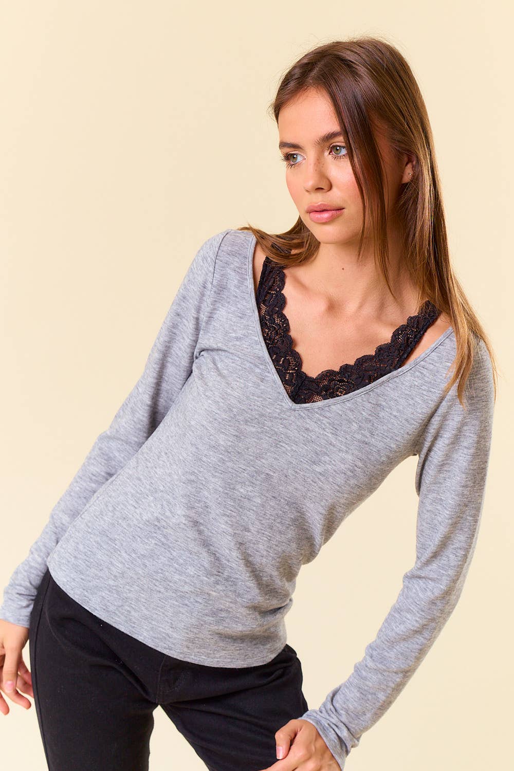 Lace Layered V-Neck Cut-out Long Sleeve Tee - 44672T-1