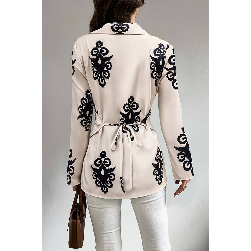 Print Button Cross Asymmetrical Hem Fit Blouse