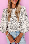 Abstract Crew Neck Balloon Sleeve Blouse