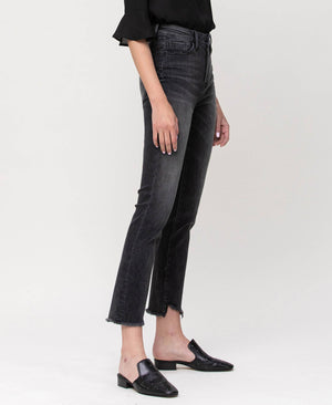 HIGH RISE UNBALANCED HEM CROP SLIM STRAIGHT JEANS