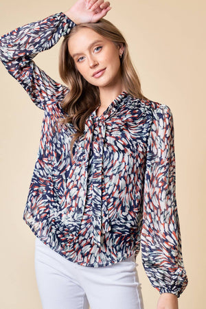 TIE-NECK LONG SLEEVE ABSTRACT PRIINTED BLOUSE - 43755T