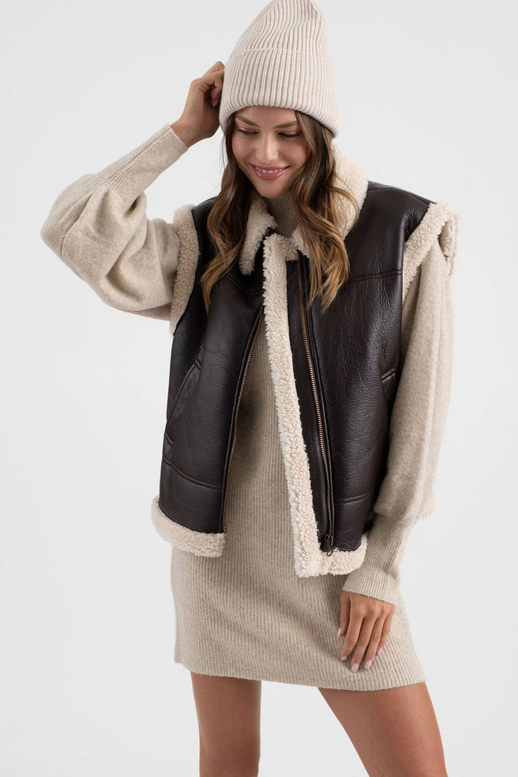 FAUX LEATHER SHEARLING VEST