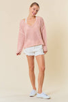 V-Neck Long Sleeve Fishnet Sweater Knit Top - 44344T