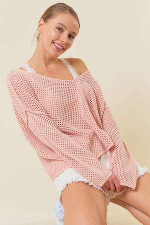 V-Neck Long Sleeve Fishnet Sweater Knit Top - 44344T