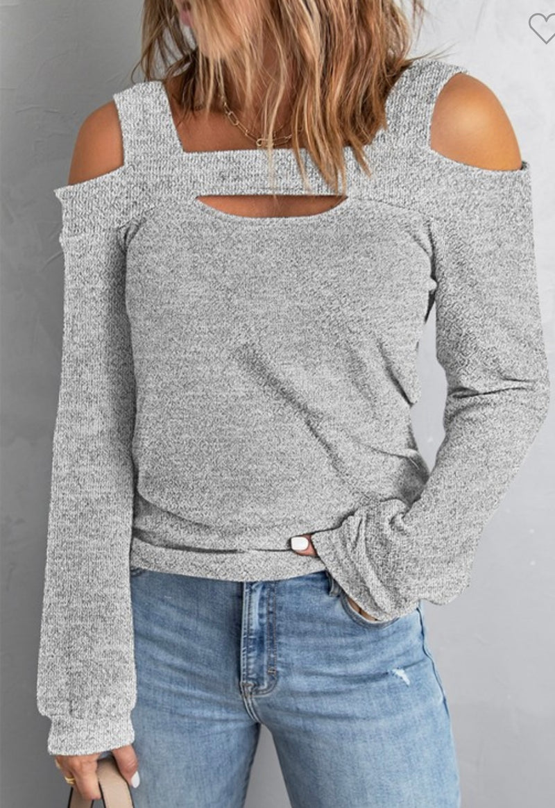 Gray cold shoulder knit top