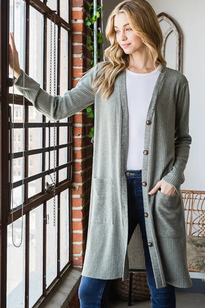 Solid Ribbed Cardigan With Solid Pocket