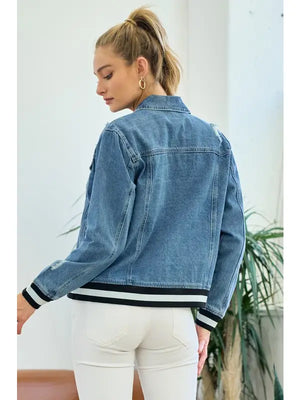 Washed Denim Jacket  With Contrast Band