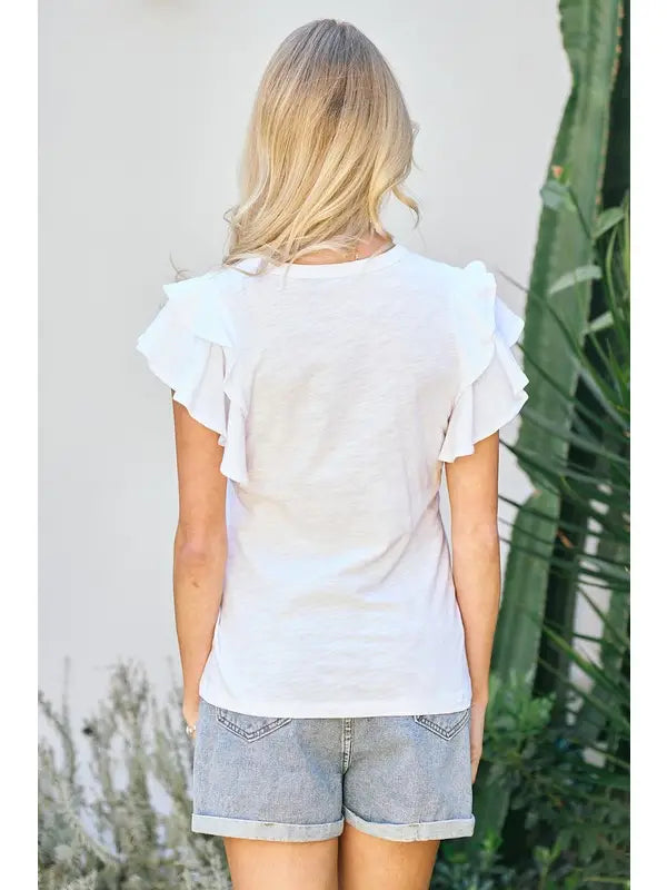 Ruffled sleeve white t-shirt